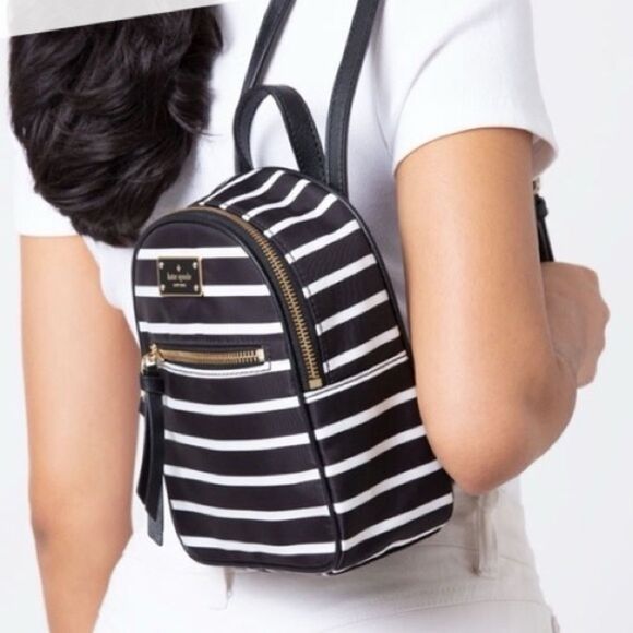 Kate Spade Wilson Road Mini Bradley French Stripe Nylon Backpack Black White New - Picture 2 of 9